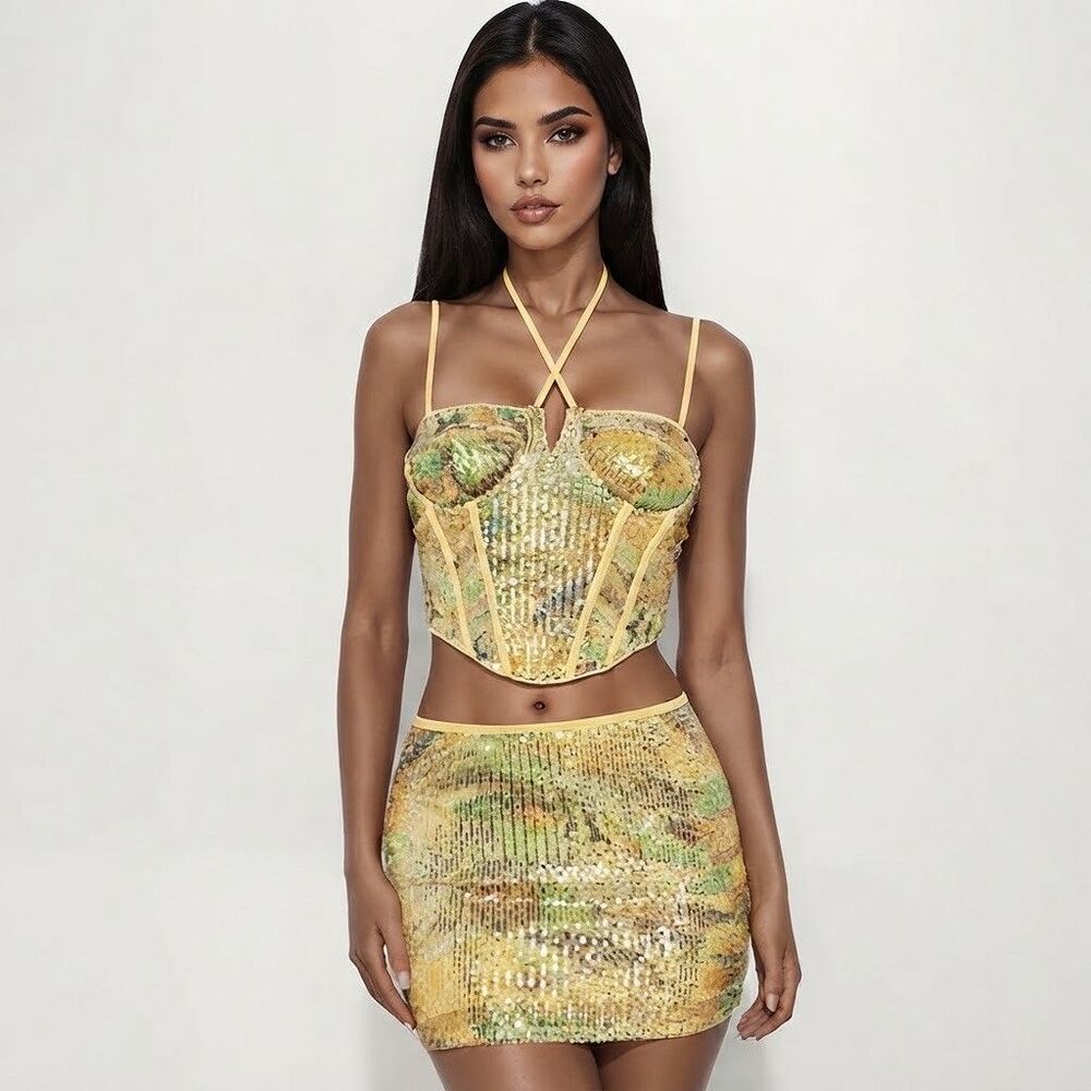 Midnight Glow Sequin Halter Corset Top & Mini Skirt Set Gold Medium night club